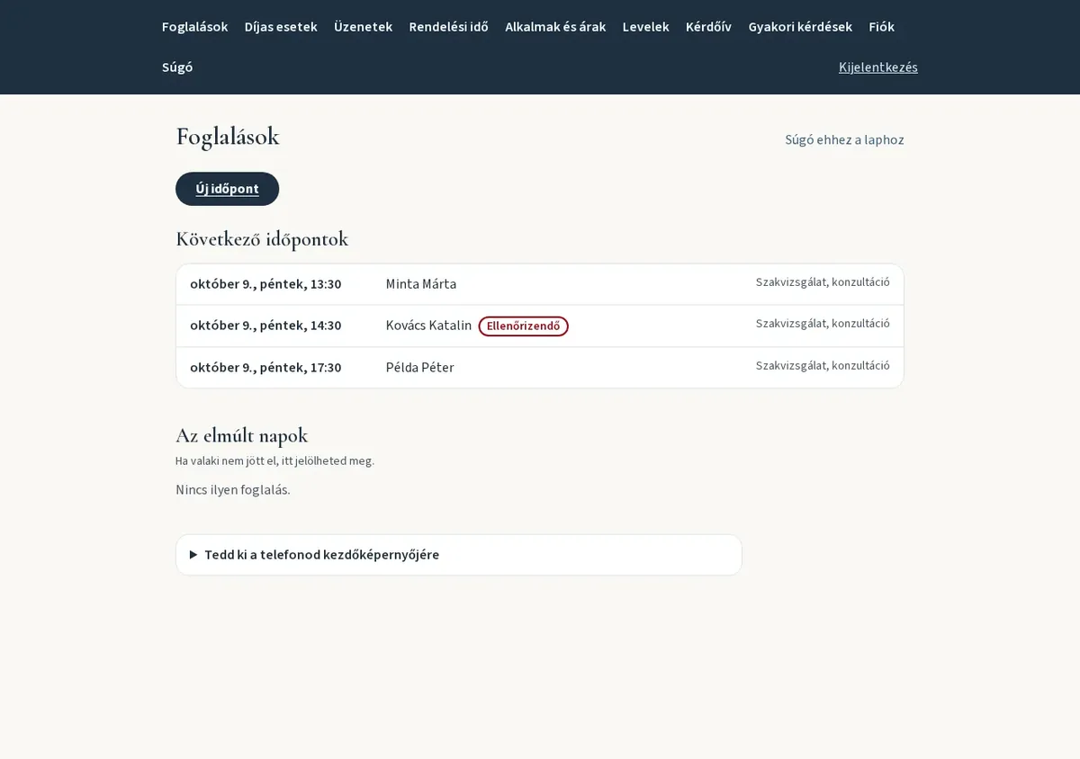 A kezelőfelület Foglalások lapja kitalált mintaadattal