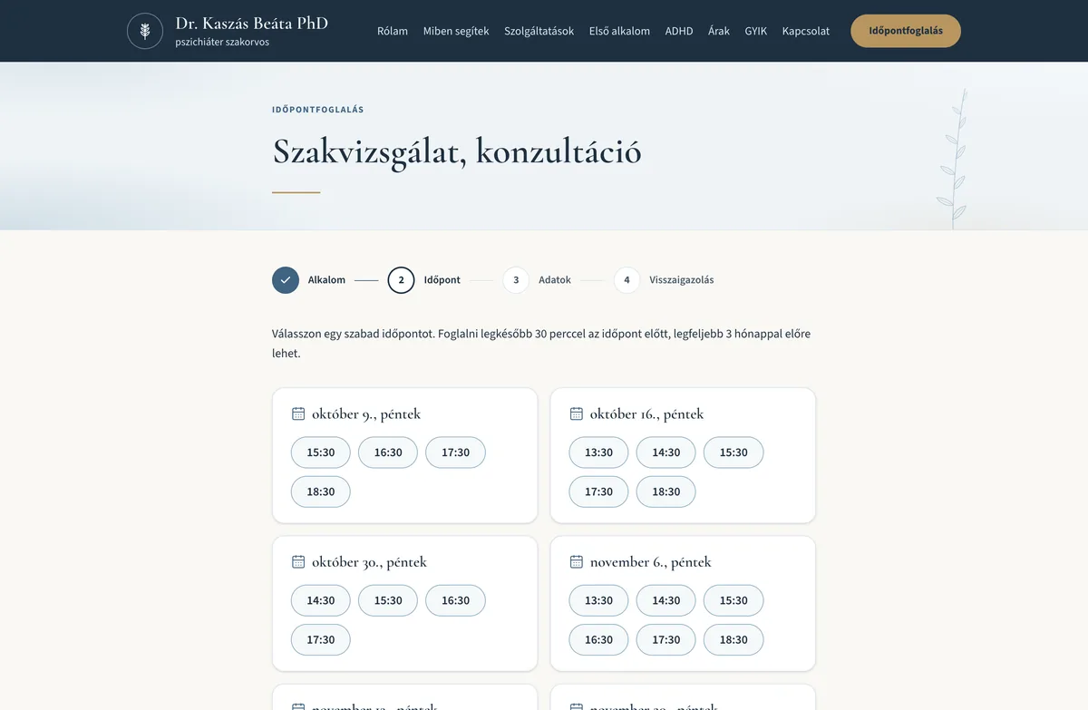 Az időpontfoglaló második lépése: szabad időpontok napokra bontva