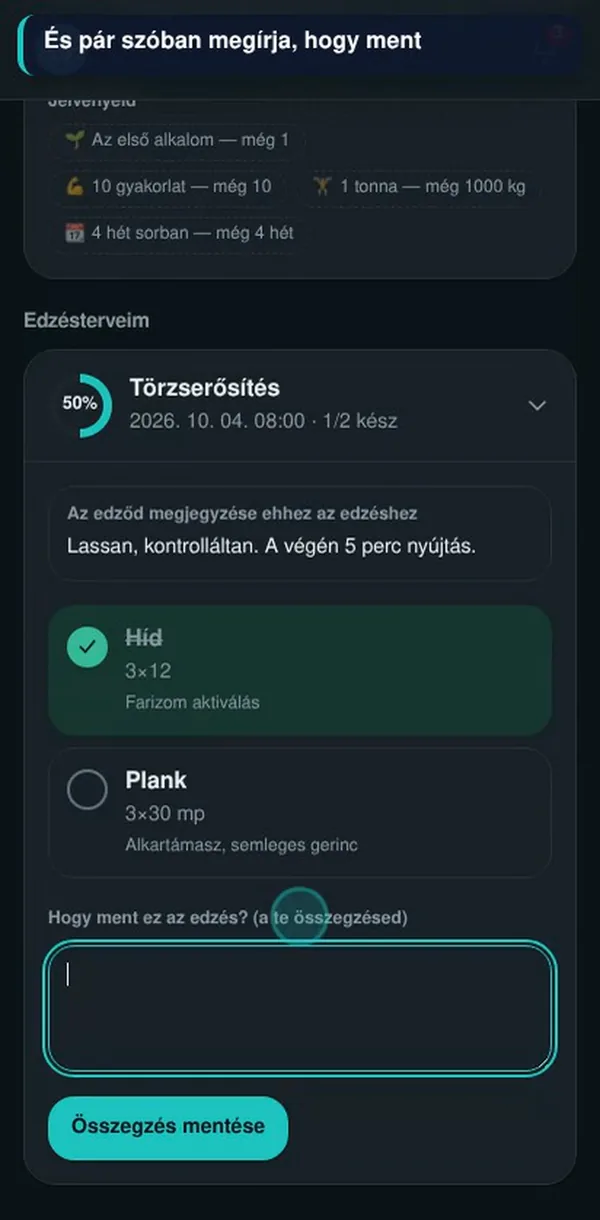 A vendég edzésterve kipipálható gyakorlatokkal, mintaadattal