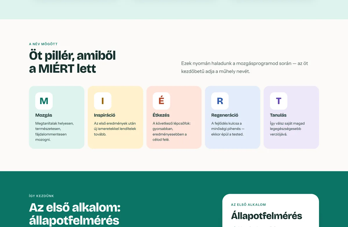 Az öt pillér szakasz a kezdőlapon