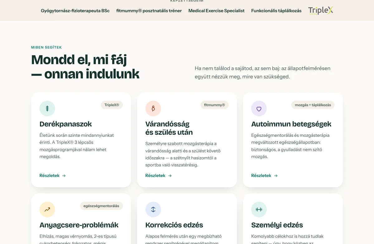 A kezdőlap hat területkártyája