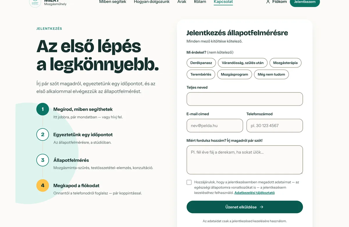 A jelentkezési űrlap